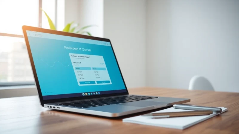 Check results with an AI checker displayed on a laptop in a bright office.