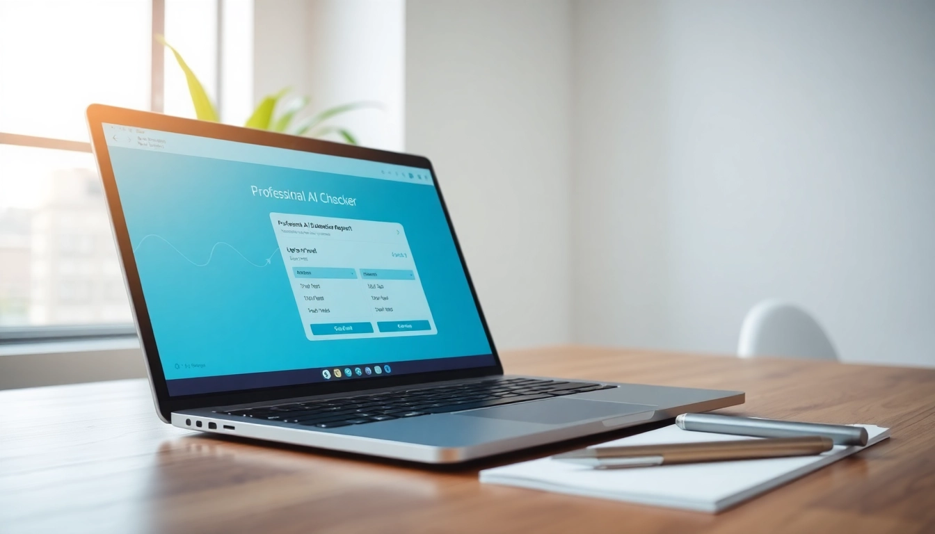 Check results with an AI checker displayed on a laptop in a bright office.