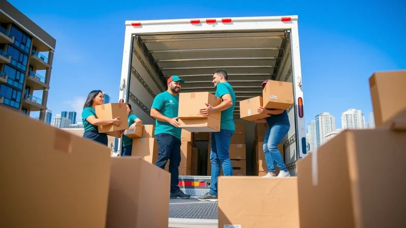 Efficient team providing trusted moving services Edmonton as they load boxes into a truck.