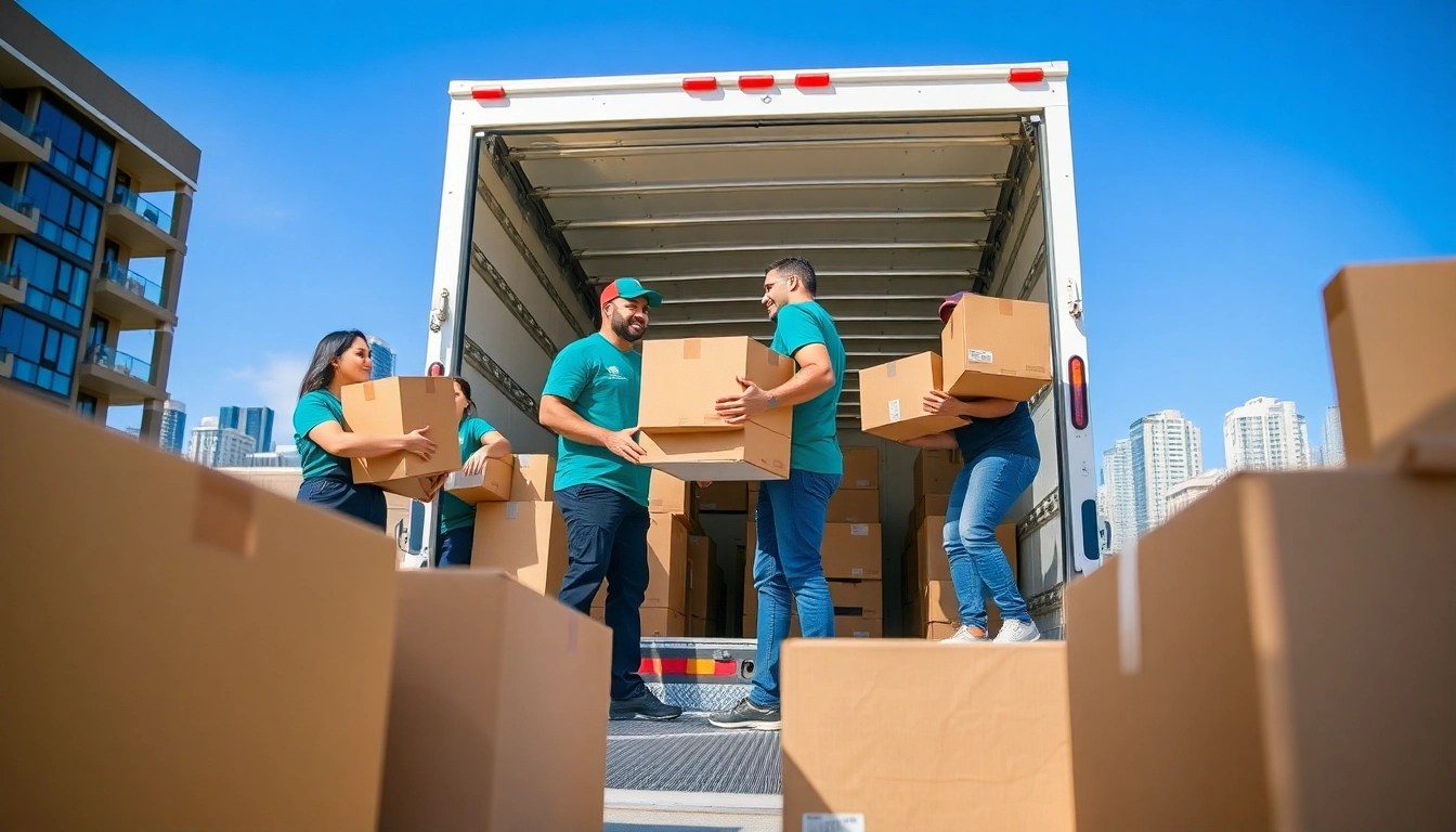 Efficient team providing trusted moving services Edmonton as they load boxes into a truck.