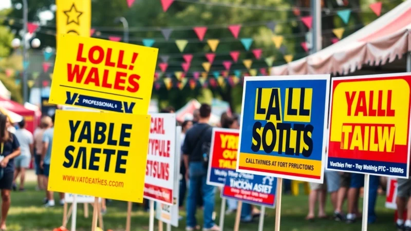 Promoting yard signs in a lively outdoor festival setting showcasing colorful designs.