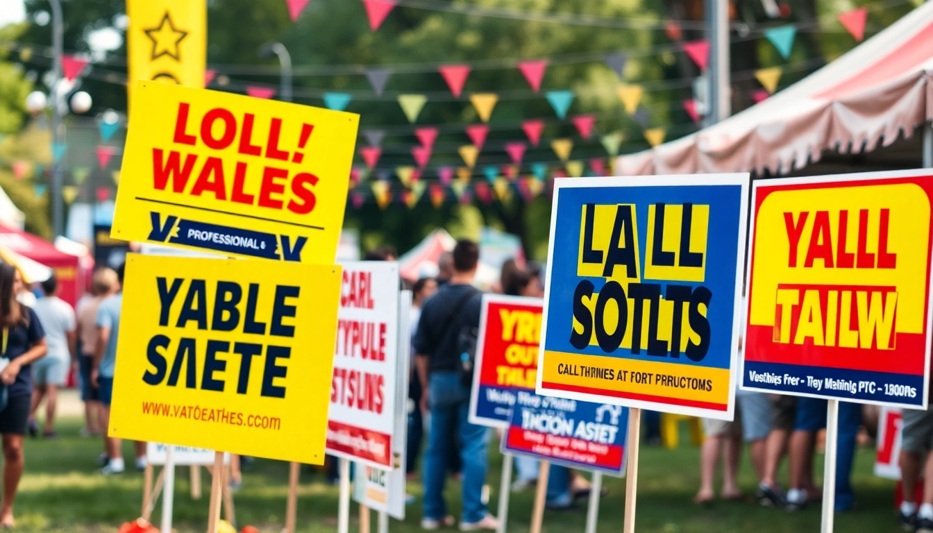 Promoting yard signs in a lively outdoor festival setting showcasing colorful designs.