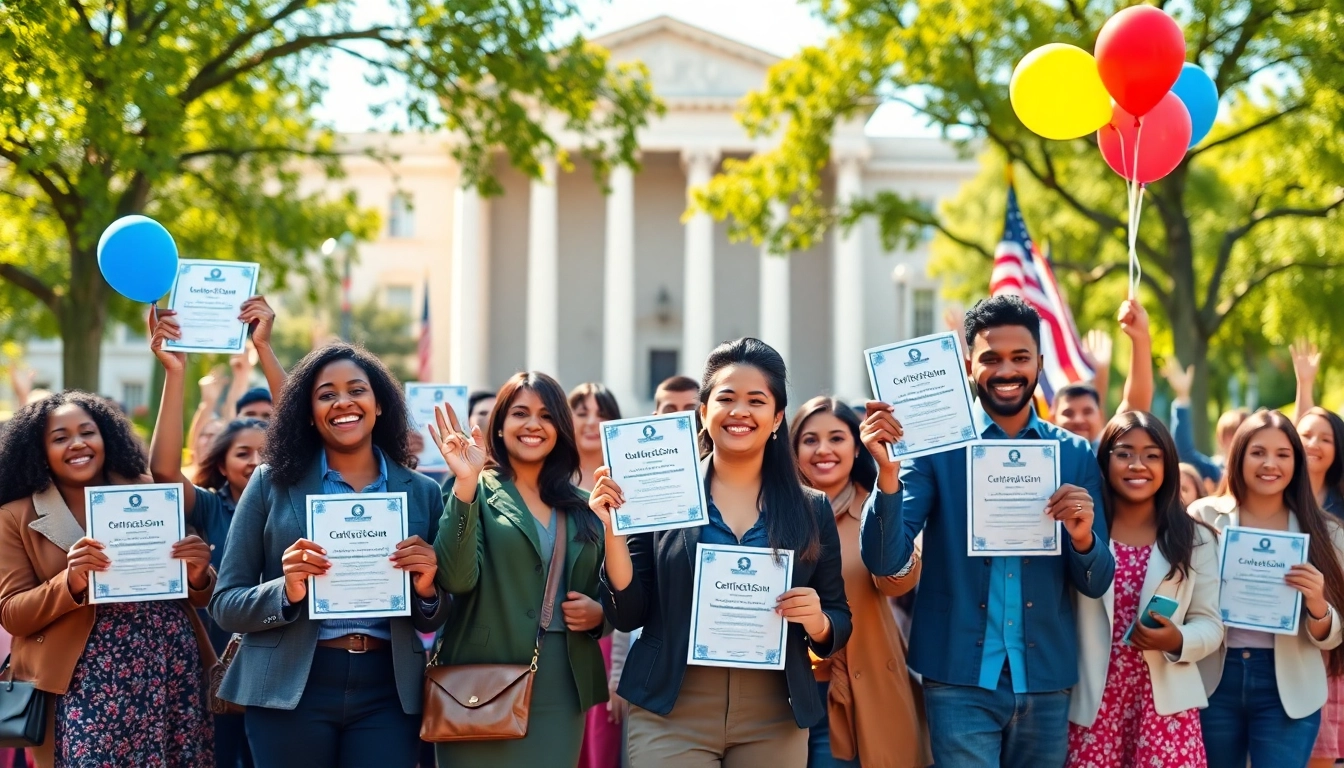 Celebrate citizenship with diverse individuals proudly holding their naturalization certificates.