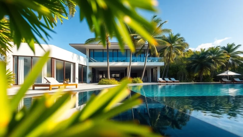 Rent a villa property for sale, showcasing a luxurious tropical villa in a serene landscape.