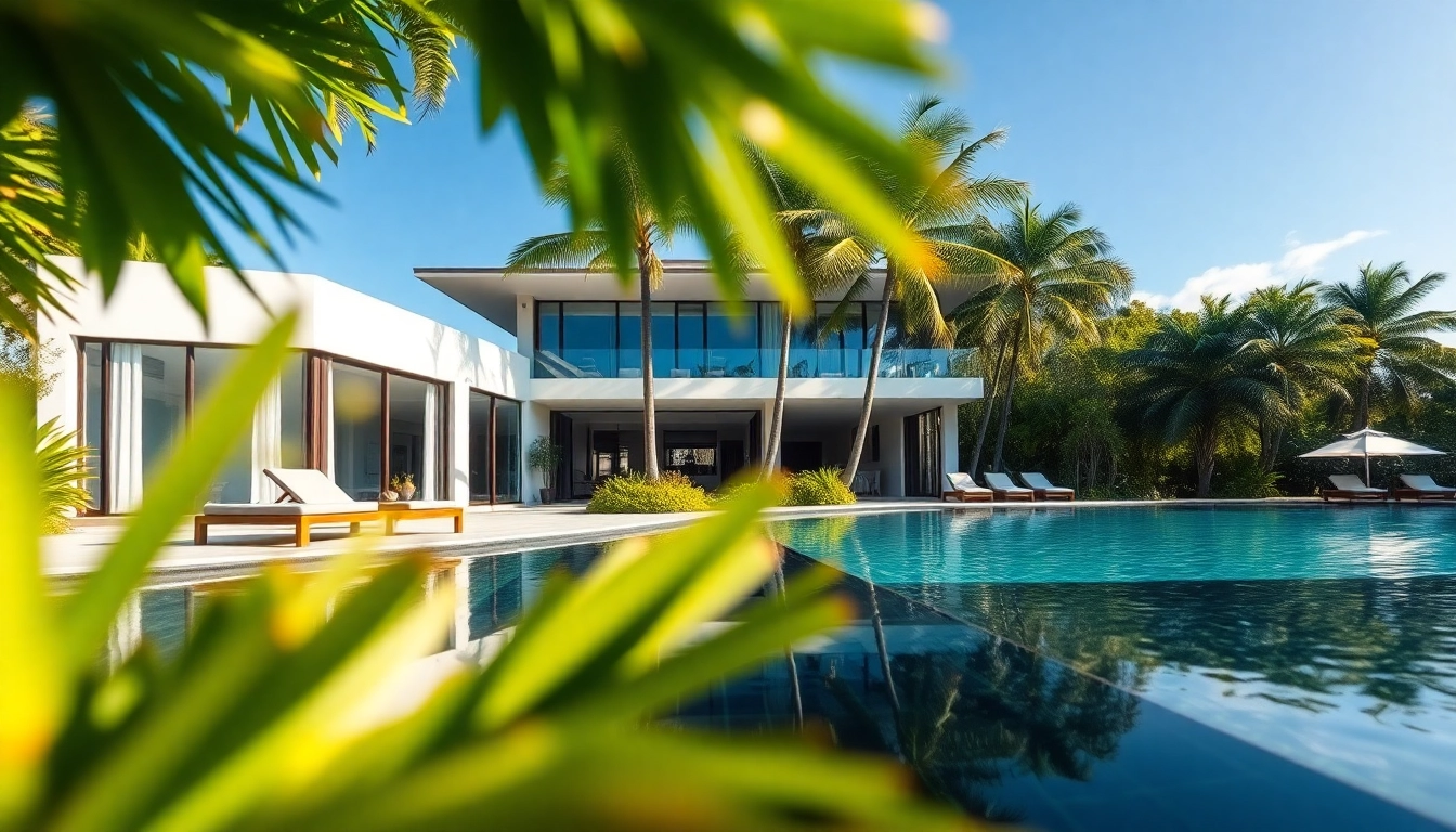 Rent a villa property for sale, showcasing a luxurious tropical villa in a serene landscape.