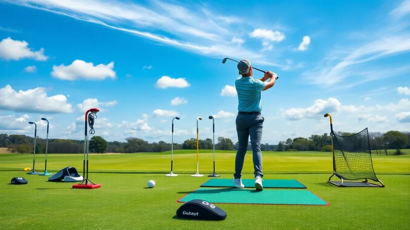 Enhance your swing with innovative golf training aids showcased by a focused golfer.