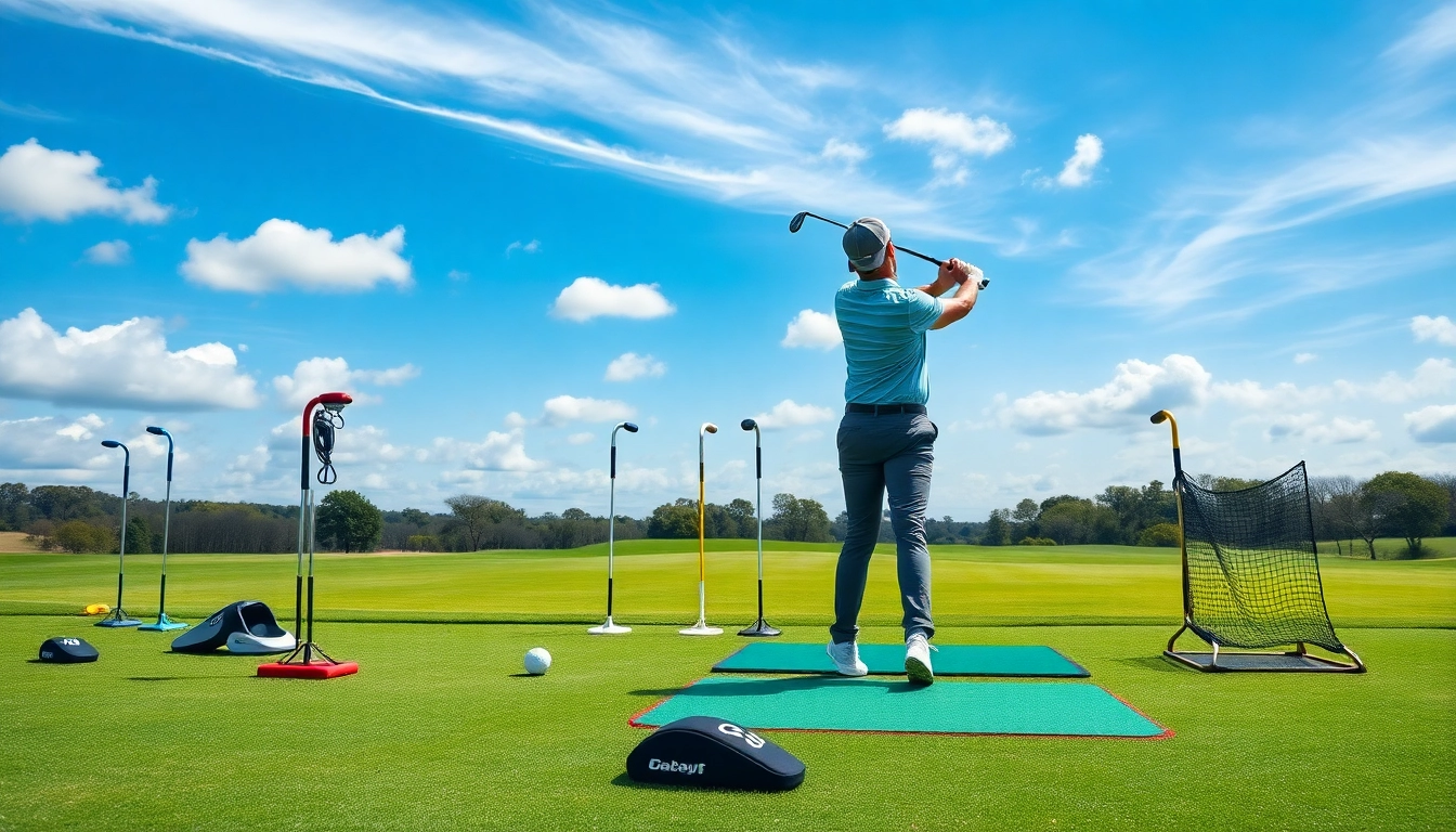 Enhance your swing with innovative golf training aids showcased by a focused golfer.