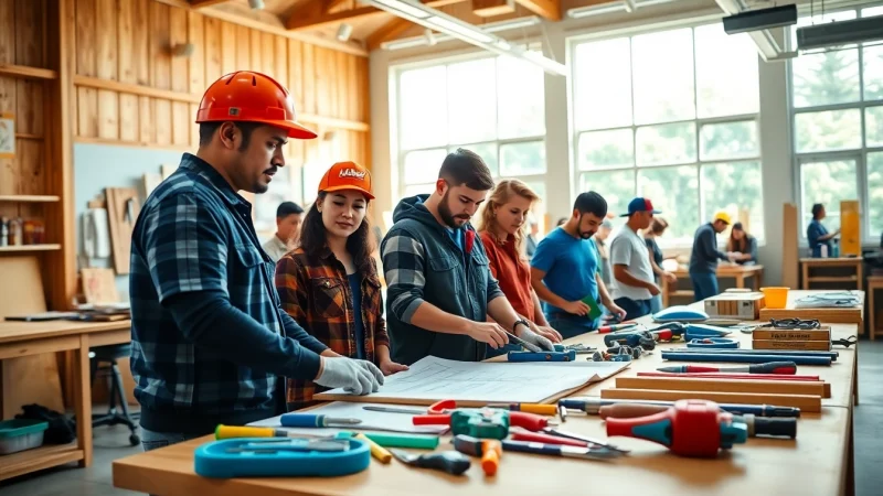 Students engaging in hands-on training at hawaii trade schools in a bright workshop.
