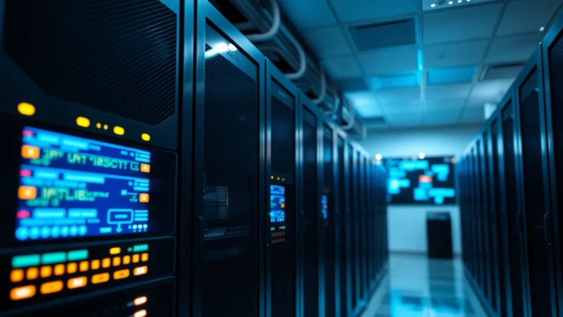 Visual representation of a proxy server online, highlighting a digital network system in a modern server room.