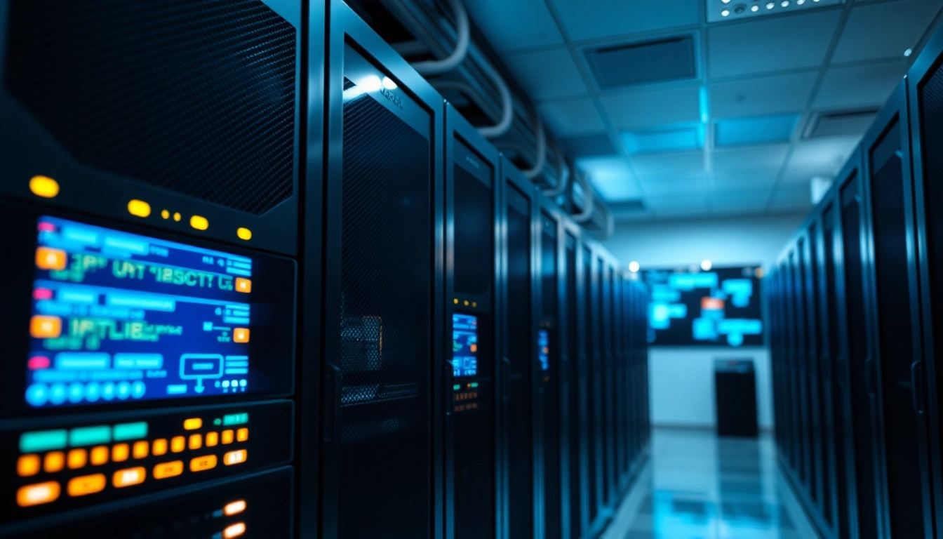 Visual representation of a proxy server online, highlighting a digital network system in a modern server room.