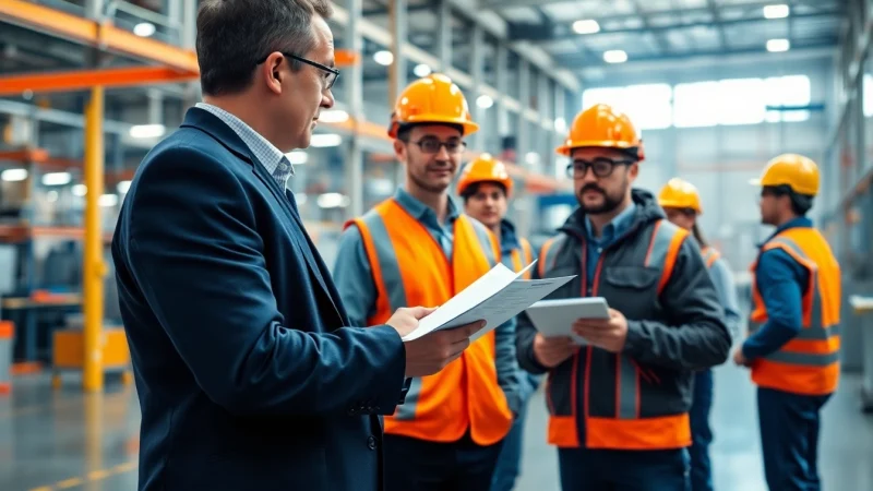 Conducting a Workplace Safety Audit in a professional industrial setting, highlighting compliance and teamwork.