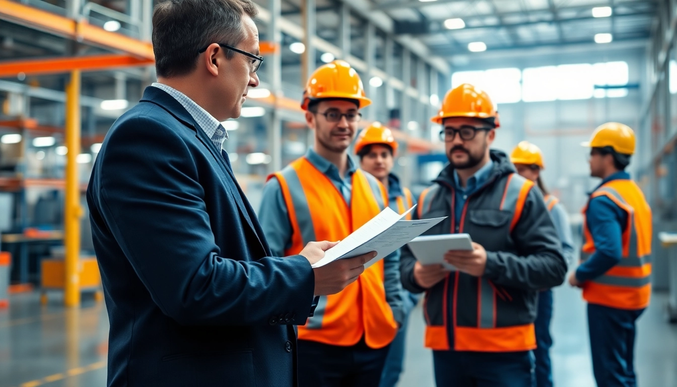 Conducting a Workplace Safety Audit in a professional industrial setting, highlighting compliance and teamwork.