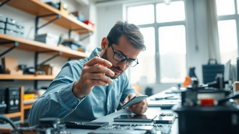 Riparazione iPhone Torino: tecnico esperto che ripara un dispositivo iPhone in un laboratorio moderno.