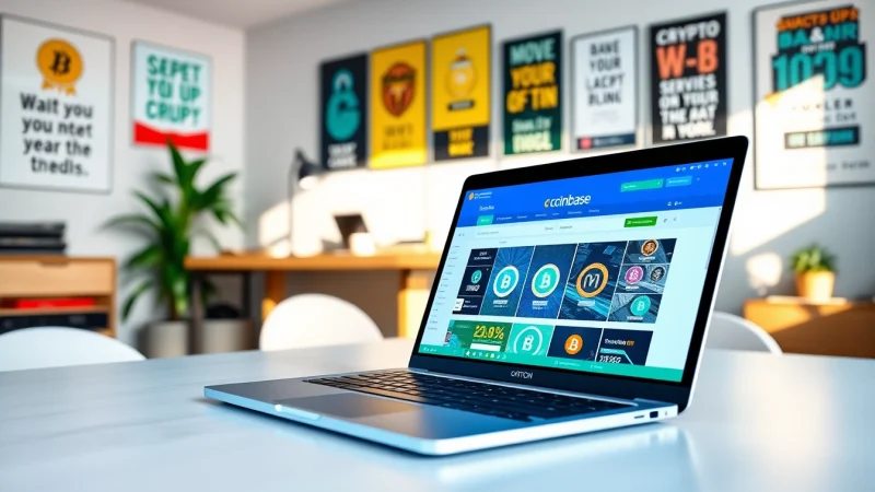 Buy meme coins on Coinbase with a sleek laptop setup showcasing cryptocurrency trading.