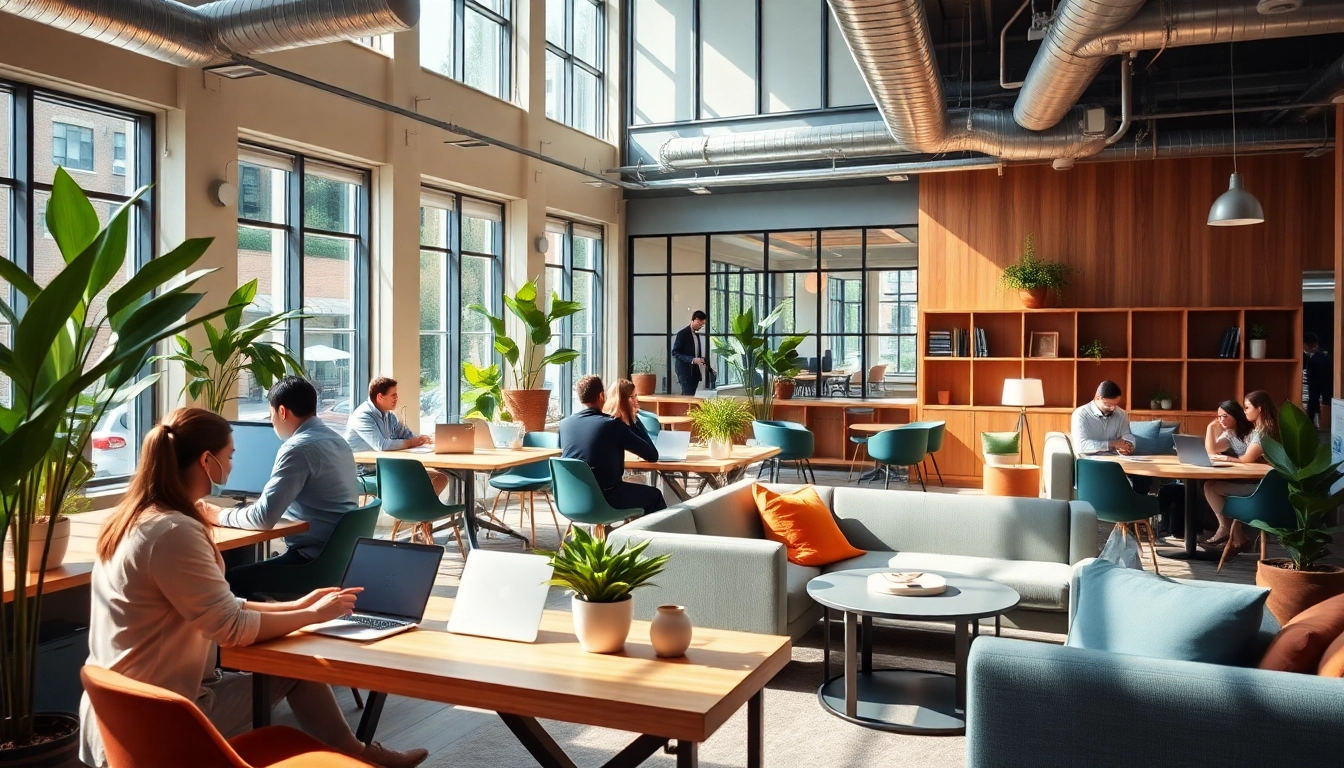 Voffice: Dynamic co-working space with collaborative workstations and inviting atmosphere.