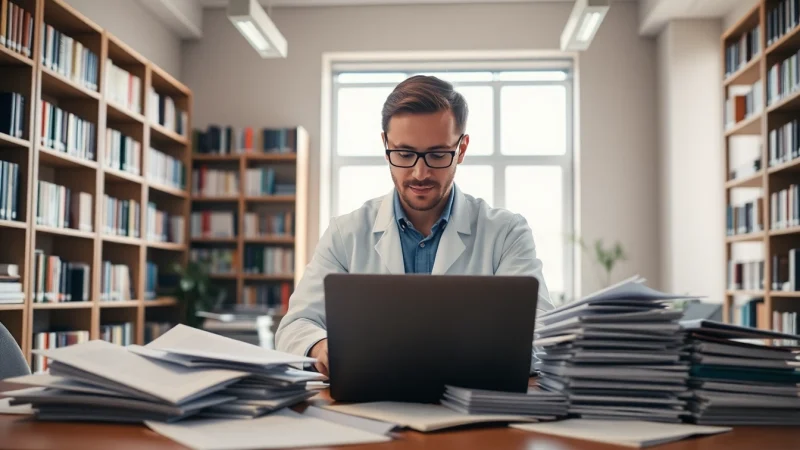 Scientist using an AI summary of papers tool in a well-lit office, reviewing research.