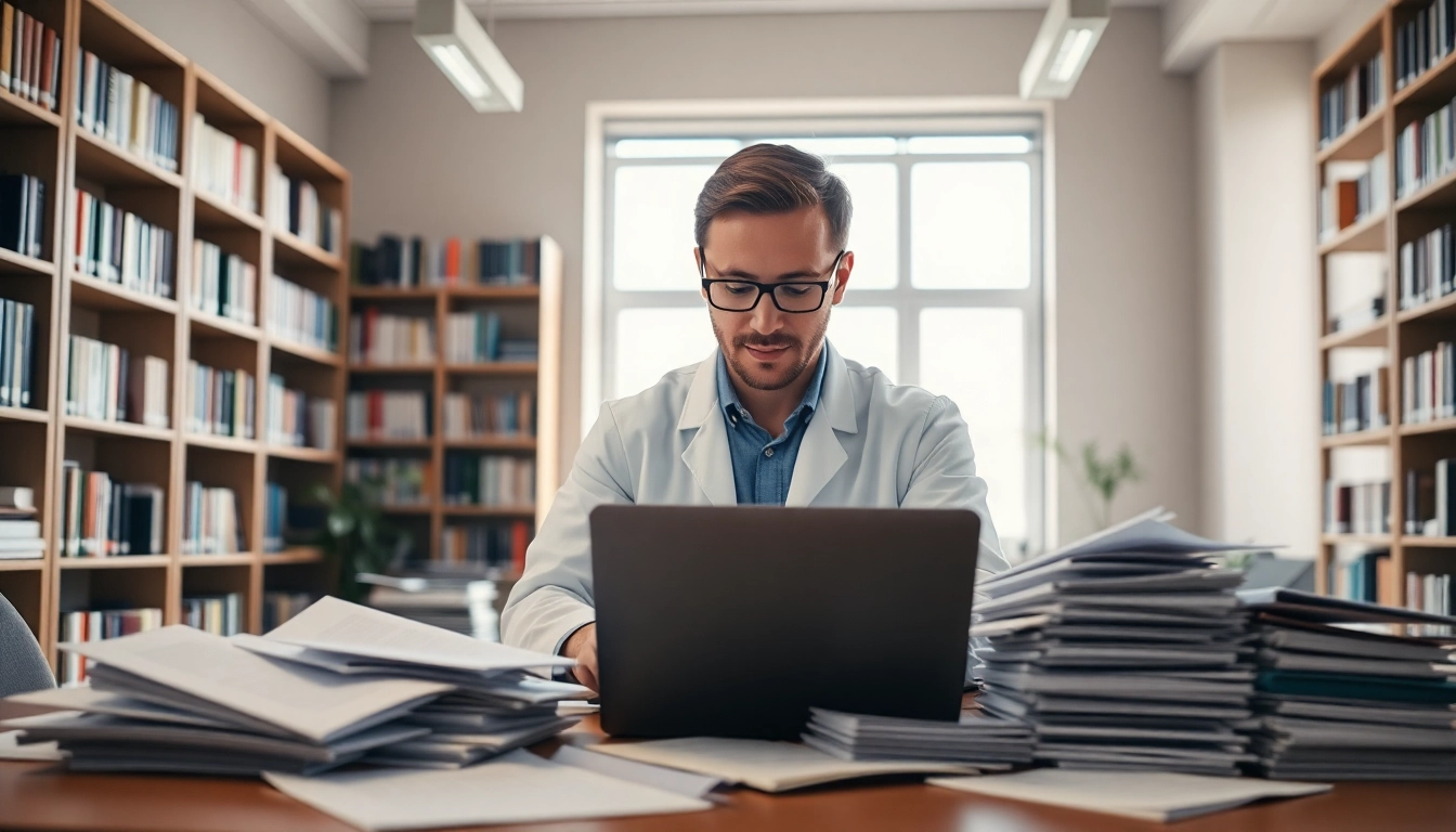 Scientist using an AI summary of papers tool in a well-lit office, reviewing research.
