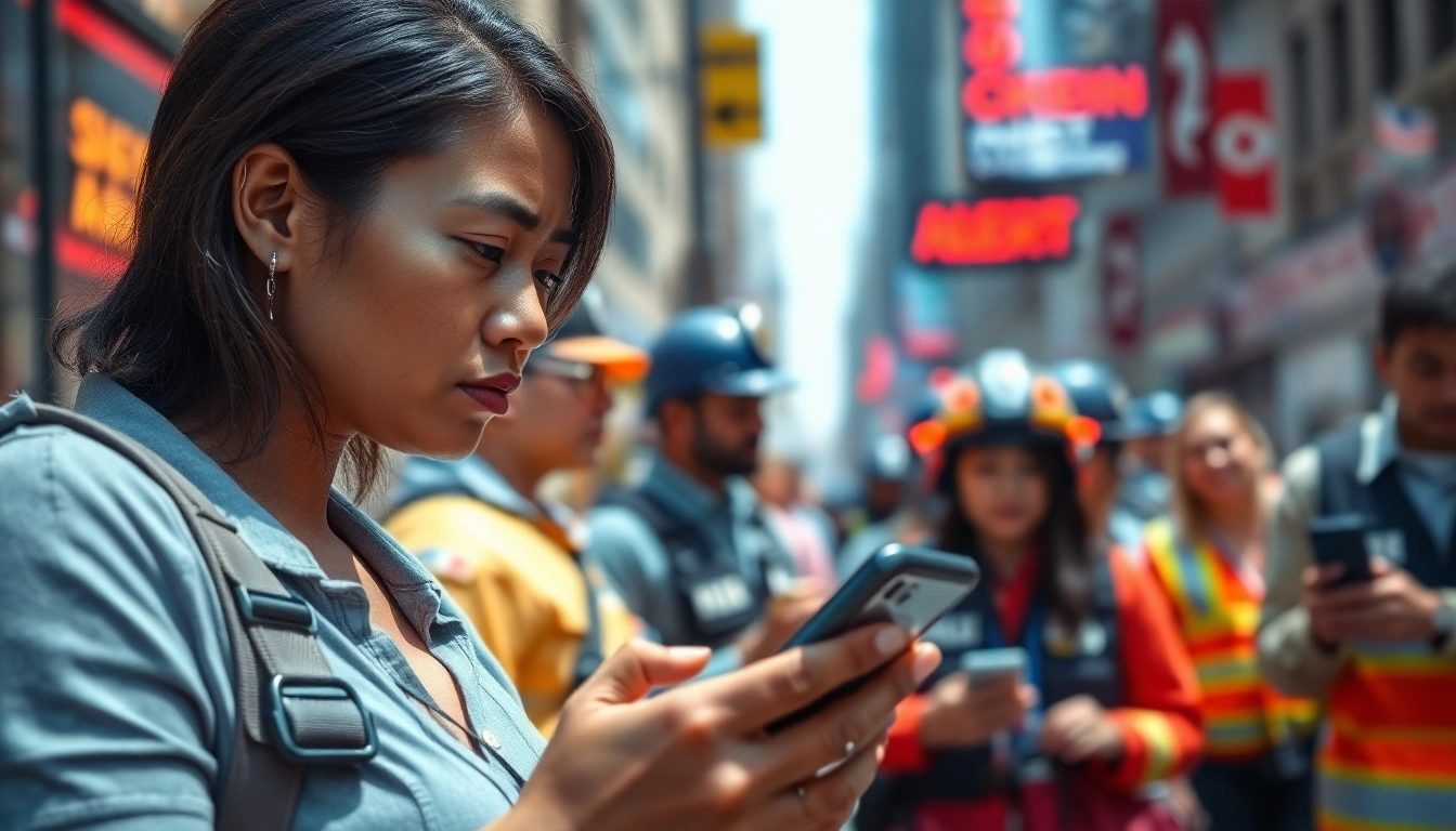 Individuals receiving real-time safety alerts on their devices in an emergency response scenario.
