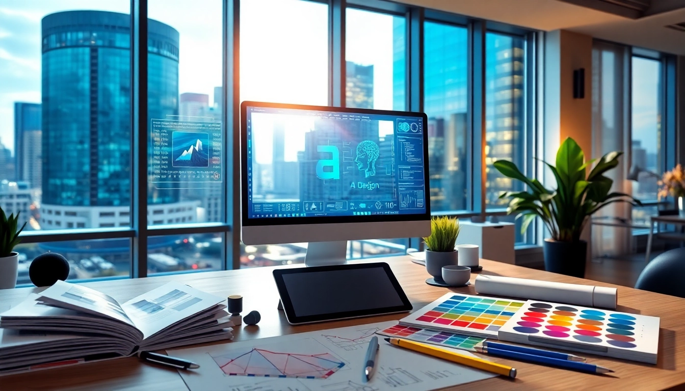 Enhance your projects with AI graphic design services showcasing a modern workspace and high-tech tools.