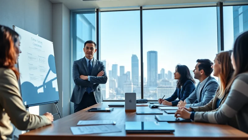 Crisis management consultant leading a team discussion in a bright corporate office.