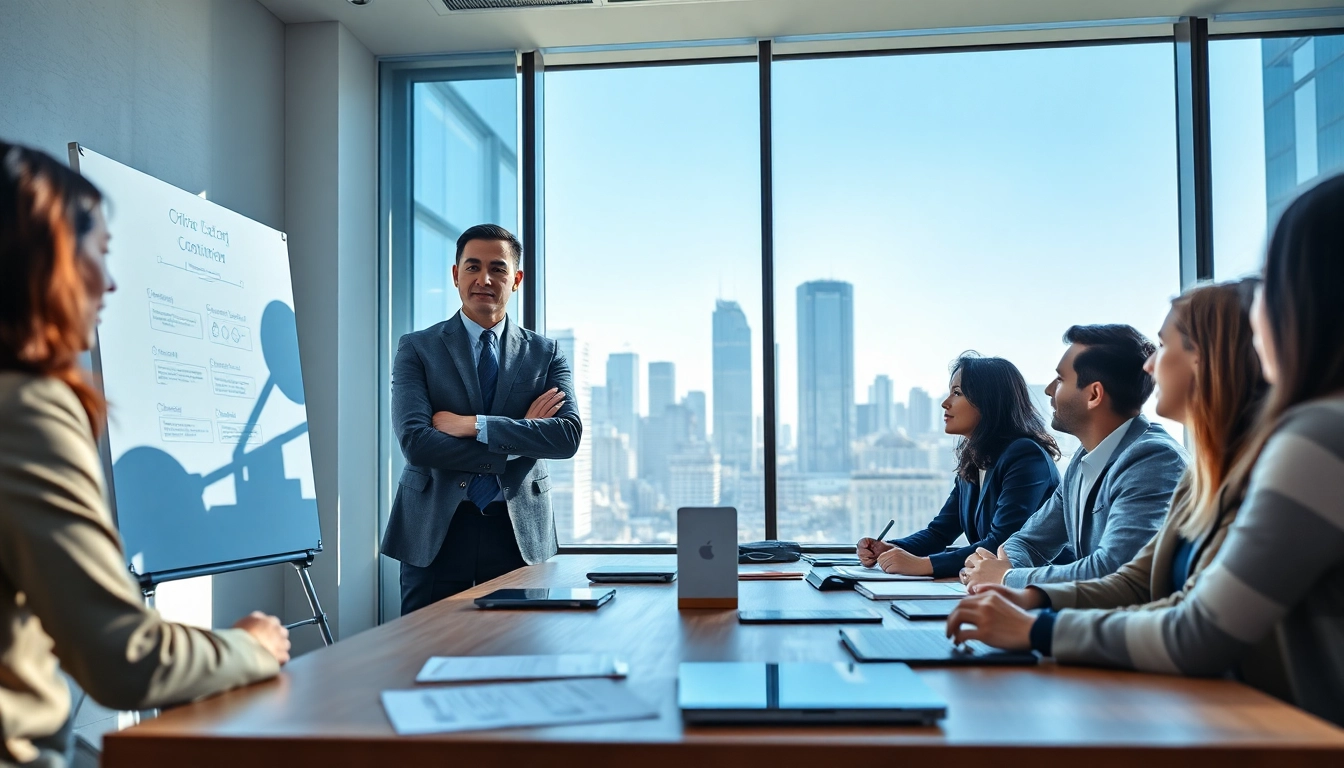 Crisis management consultant leading a team discussion in a bright corporate office.