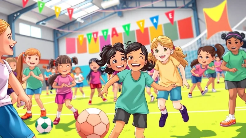 Girls participating in Multi Sports Camps for Girls, engaging in soccer and volleyball activities.