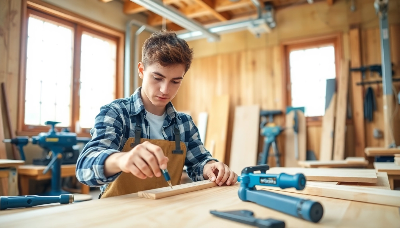 Engaged carpenter apprentice measuring wood in a workshop, searching for carpentry apprenticeship near me.