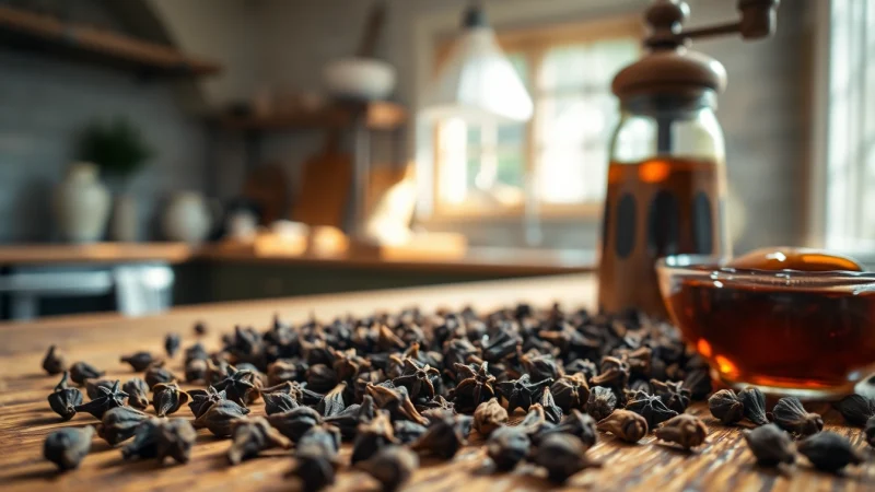 Cloves arranged organically on a wooden table, showcasing their rich texture and culinary essence.