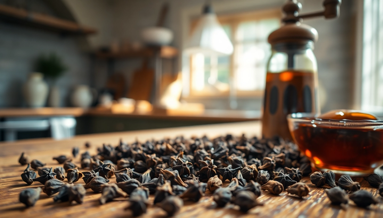 Cloves arranged organically on a wooden table, showcasing their rich texture and culinary essence.