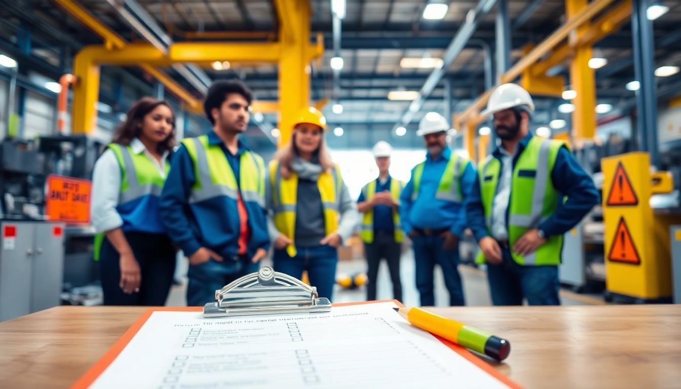 Conducting a Workplace Hazard Assessment with employees inspecting safety protocols in a factory.