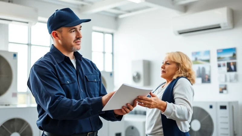Find trustworthy hvac dealers near me consulting in a modern office setting with HVAC systems.