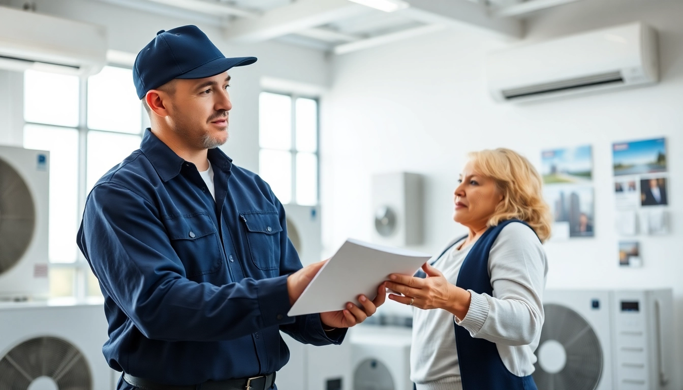 Find trustworthy hvac dealers near me consulting in a modern office setting with HVAC systems.