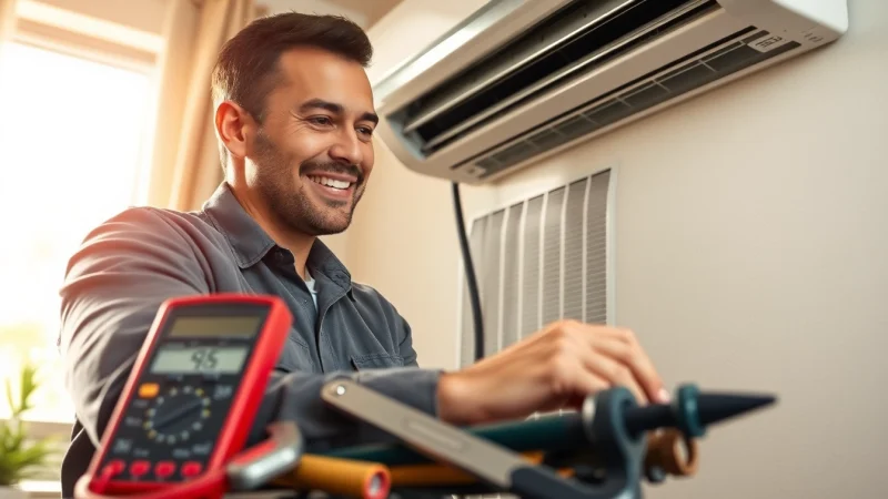 Technician providing ac repair in Mesa AZ with tools and a welcoming atmosphere.