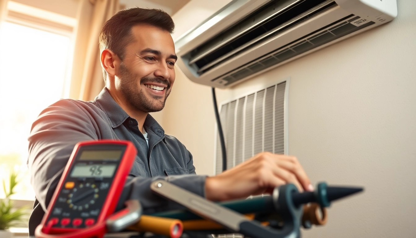 Technician providing ac repair in Mesa AZ with tools and a welcoming atmosphere.