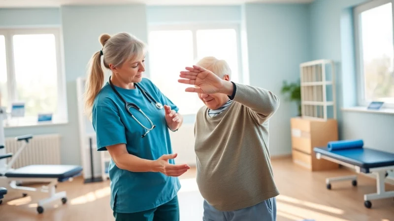 Engaging senior physiotherapy session in Edmonton, highlighting therapist and patient interaction.