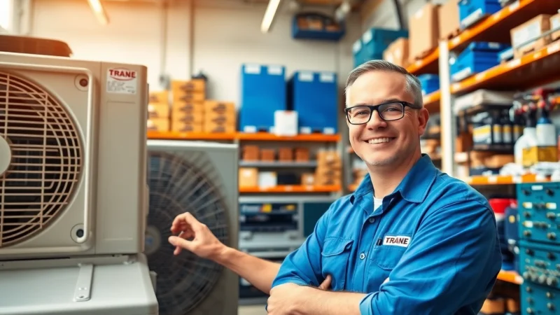 Trane parts dealer showcases a technician inspecting components in a bright workshop setting.