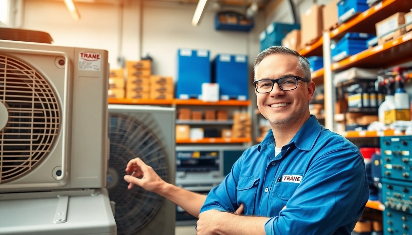 Trane parts dealer showcases a technician inspecting components in a bright workshop setting.