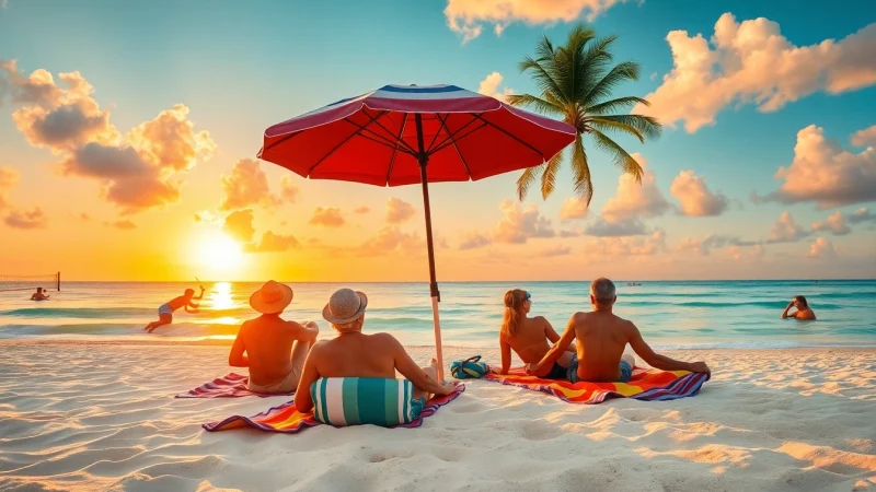 Travelers enjoying Livingstone Vacations Travel Packages on a tropical beach during sunset.