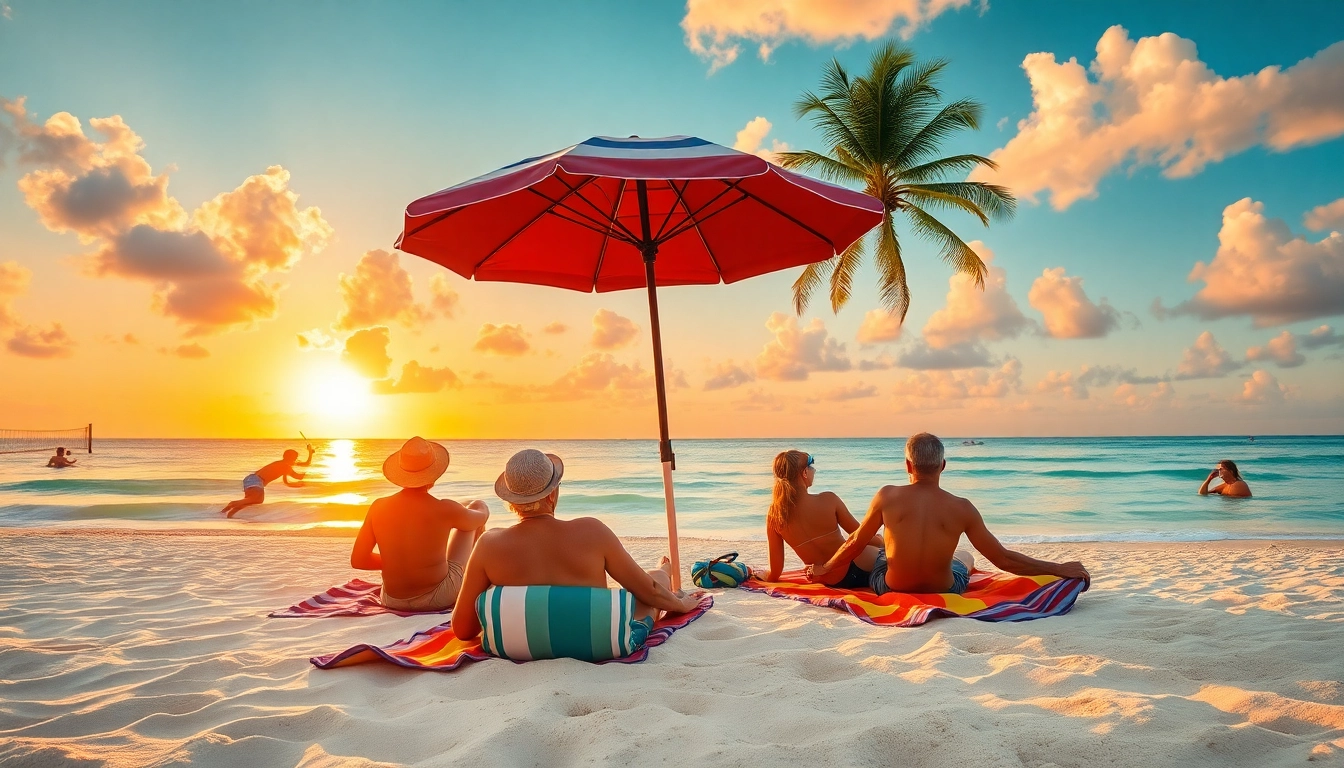 Travelers enjoying Livingstone Vacations Travel Packages on a tropical beach during sunset.