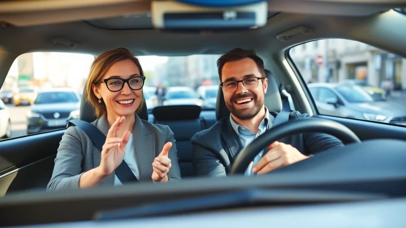 Driving instructor teaching a young student in a modern car during a lesson.