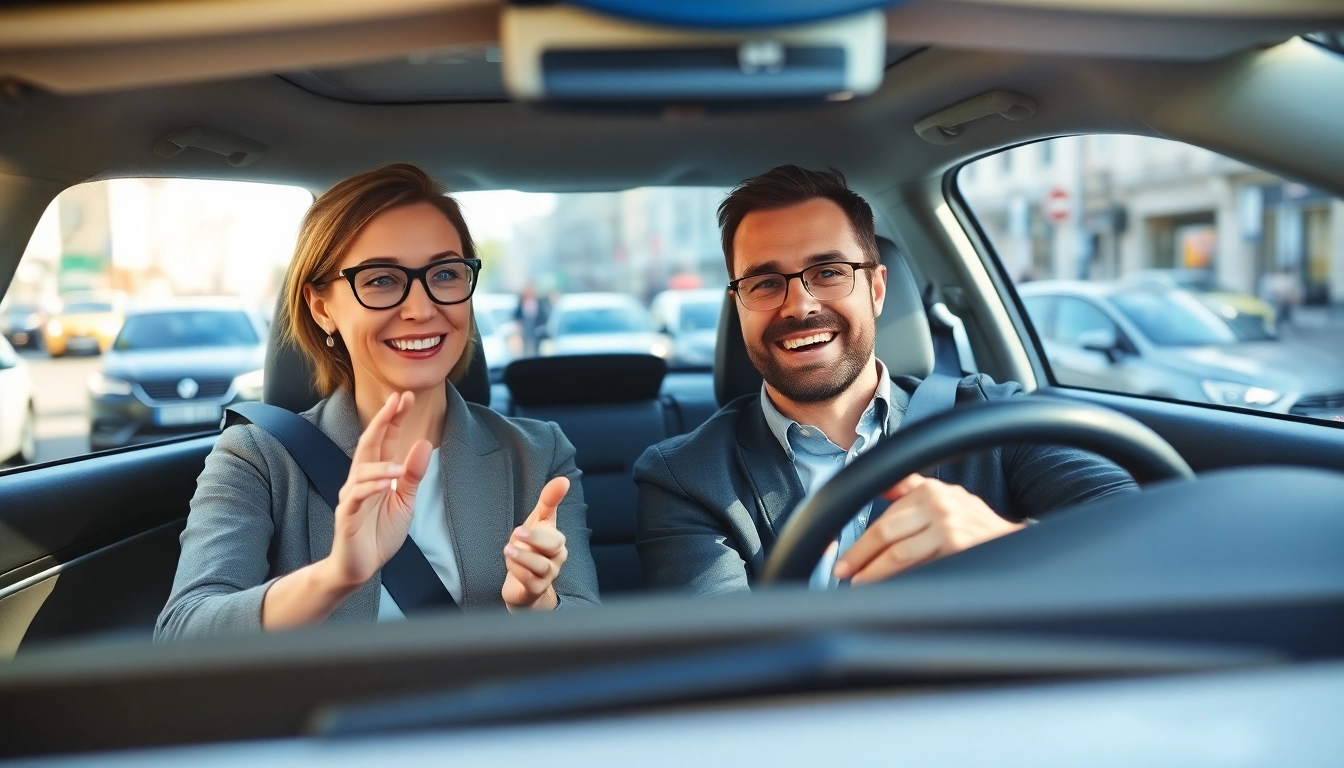 Driving instructor teaching a young student in a modern car during a lesson.