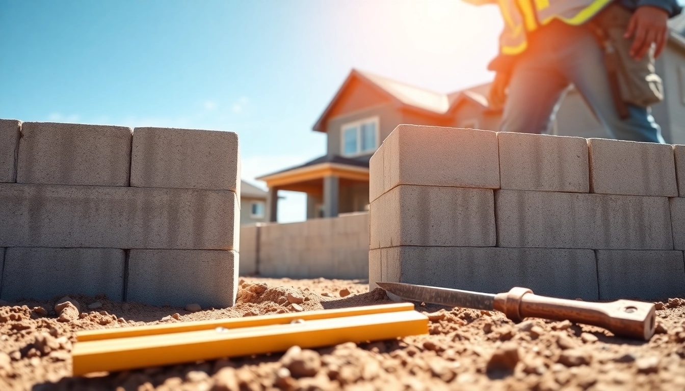 Constructing sturdy footing and block walls, showcasing precision and craftsmanship in a residential area.