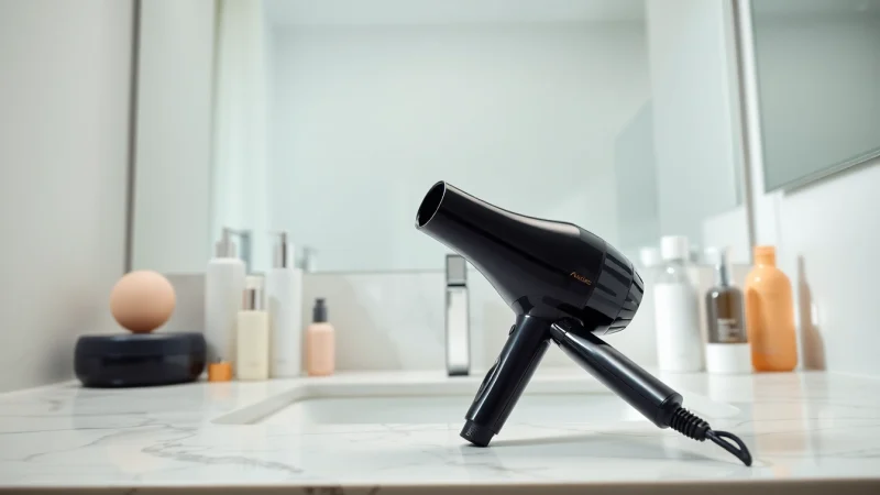 Using a hair dryer for fine hair on a sleek vanity, highlighting its design and effectiveness.