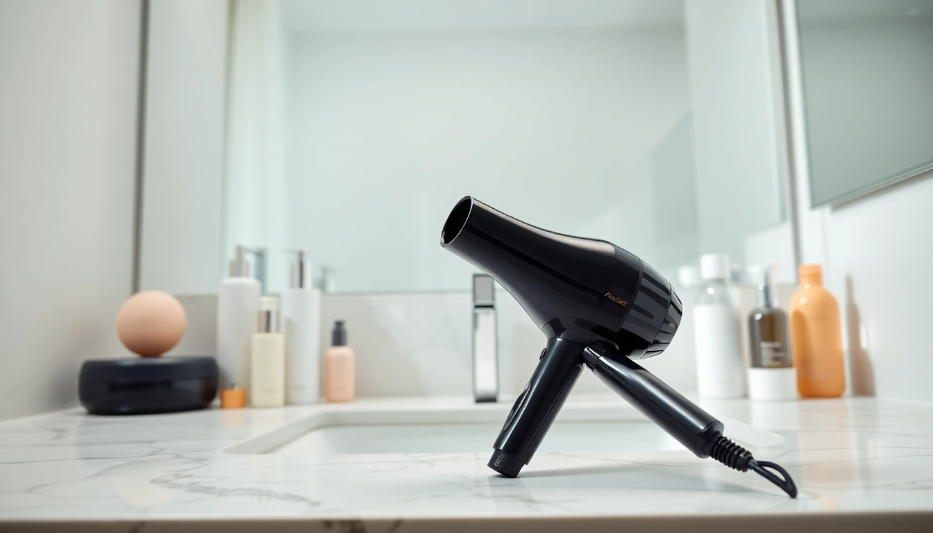 Using a hair dryer for fine hair on a sleek vanity, highlighting its design and effectiveness.