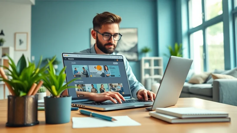Explore online jobs in a stylish home office setting with a professional focused on work.