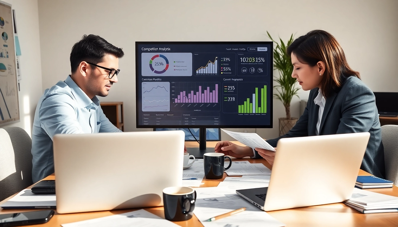 Analyze competitor analysis data with experts in a modern office setting.