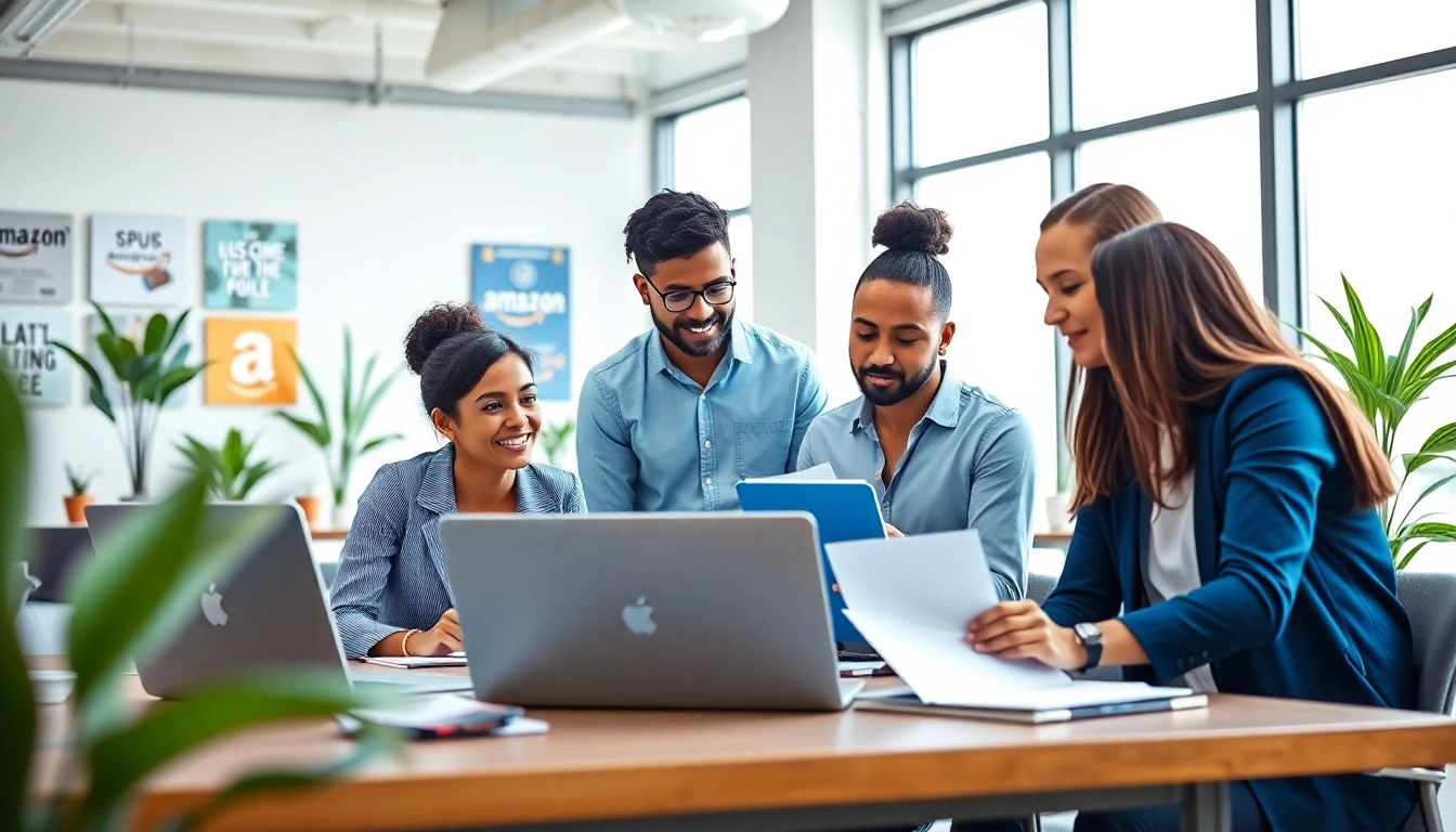 Amazon advertising agency professionals strategizing in a bright office environment.