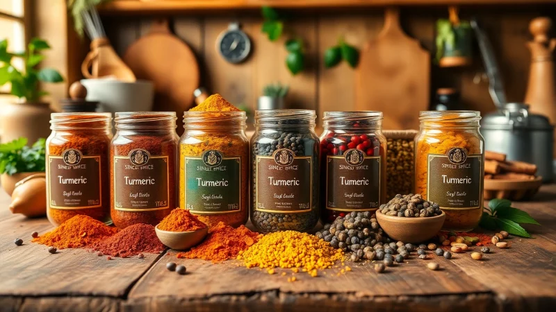 Showcase of single origin spices in colorful jars on a rustic table, highlighting their vibrant textures.