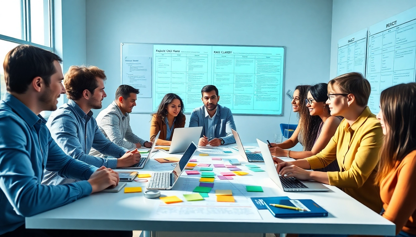 Collaborative small team utilizing a RACI tool for small teams in a bright office environment.