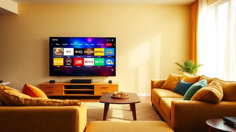 Experience a free trial IPTV subscription in a cozy living room with a large TV streaming various channels.